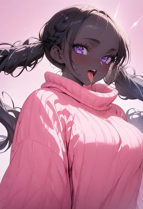 beautiful, (masterpiece:1.2), (best quality:1.2), perfect eyes, perfect face, perfect lighting, 1girl, look at the viewer, (ahegao:0.5), sexy pose、brown、black skin、body muscles、(full shot)、((gal fashion))、oversized pink sweater with big cleavage, sexy dres...