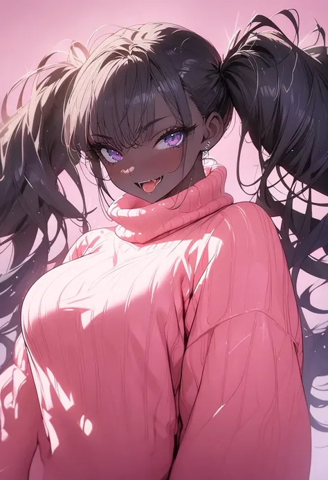 beautiful, (masterpiece:1.2), (best quality:1.2), perfect eyes, perfect face, perfect lighting, 1girl, look at the viewer, (ahegao:0.5), sexy pose、brown、black skin、body muscles、(full shot)、((gal fashion))、oversized pink sweater with big cleavage, sexy dres...