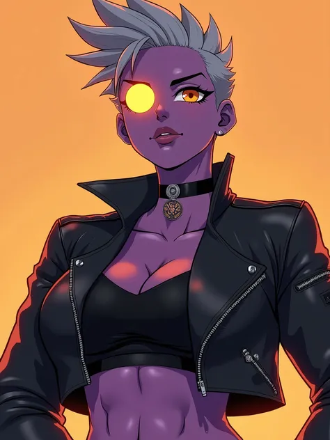 An anime-style illustration of a muscular woman from a fictional Cyclops race, with a single large glowing orange eye centered on her face. She has purple skin, short spiky gray punk-style hair, and wears a black leather jacket with a choker necklace. The ...