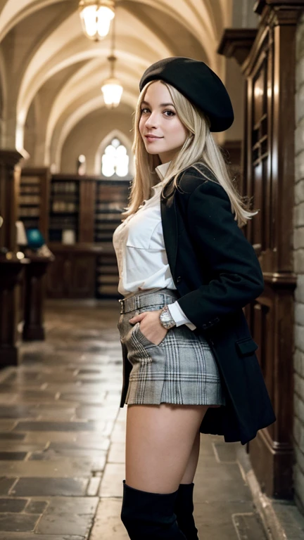 cinematography, One of , linda, with soft European features  ,  light blond hair, medium sized ass,  medium size breasts ,  wearing a plaid miniskirt ,  wearing a white shirt with a coat of arms on her pocket , wearing black shoes,  wearing knee-high socks...