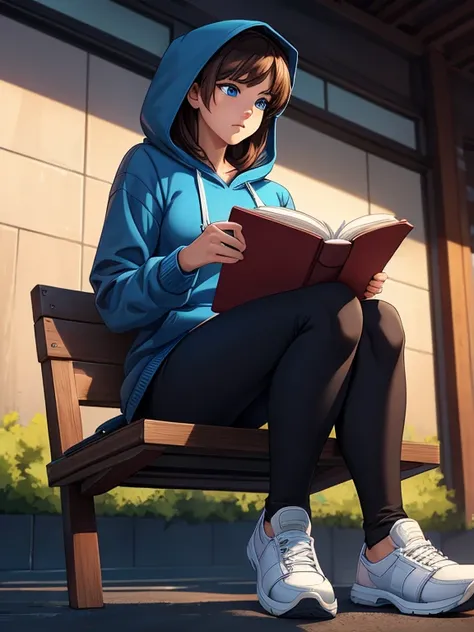 ((Masterpiece)), ((Best Quality)), Ultra High Resolution, HDR, 8K, (1 girl), dramatic lighting, ] a woman in her early 20s, shes a college freshman, brown hair, blue eyes, Shes sitting down and reading a book. (Wearing: Blue hoodie, black leggings and whit...