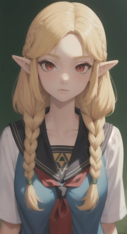 Modern Hylian, Highschool student, Hylia, blonde, red eyes, royal braids, looking at viewer, Triforce highschool, long messy hair, modern Hyrule, School,