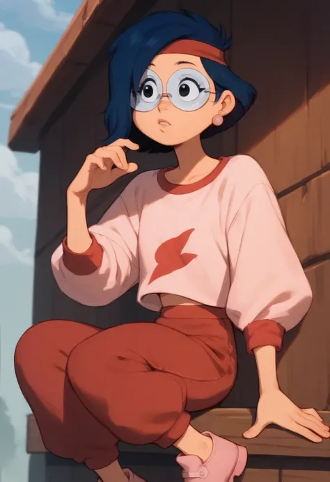 annie, 1girl, solo, short hair, blue hair, black eyes, headband, glasses, earrings, shirt, red pants pink footwear mismatched red sleeves