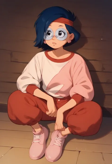 annie, 1girl, solo, short hair, blue hair, black eyes, headband, glasses, earrings, shirt, red pants pink footwear mismatched red sleeves