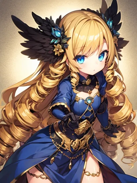 girl,golden hair drill style, blue eyes ,antique black crown on the head ,  ancient royal costume with touches of armor 