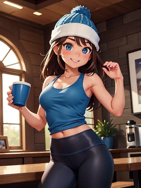 ((Masterpiece)), ((Best Quality)), Ultra High Resolution, HDR, 8K, (1 girl), dramatic lighting, ]1 girl, solo, brown hair, blue eyes. (Wearing: Blue Beanie, Opened Blue jacket, white tank-top, Lululemon branded black leggings). She has a carefree smile on ...