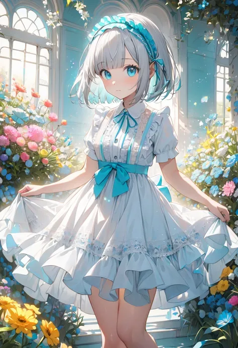 (((Best quality))),(((master piece))),(detailed eyes),one Girl, silver hair, blunt bangs,medium hair,bob cut, turquoise eyes, catch light,jolly, turquoise headband with frills,white lace collared dress with frills, short sleeve, frills, ribbons,bare thighs...