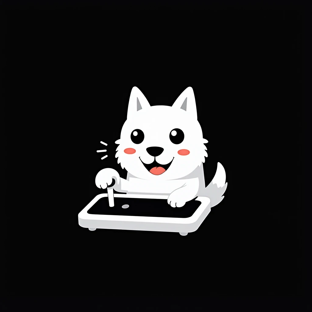  A dog is playing on it and holding a joystick , plays on it . black background, white dog in a minimalist abstract style.  only black and white, logo