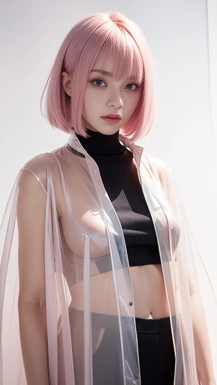 Look book Photo, Medium-Full Photo, European, Woman, nude, Model, pink bob hair (confident pose), wearing a plastic (transparent) coat, in a studio with a white background, Soft Lighting, 