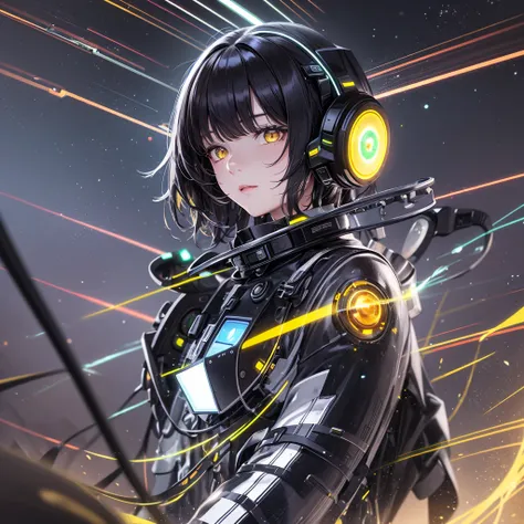 from future intelligence, technology background, complex mystery, unexpected variables, sudden result, strange things, transient waves, light fog, colorful signals, confident look, space black pioneer dress, yellow eyes, black hair