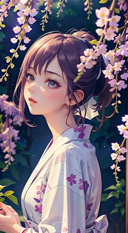  absurd,  high definition ,  super detailed,( Masterpiece  :1.2),( top quality:1.2), watercolor style ,( one girl:1.3),(Lots of wisteria flowers),(white and purple yukata ),( ponytail),( looks up), soft blending , dreamy wash, Texture