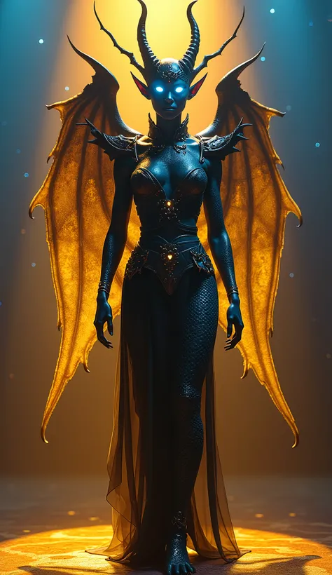 In the center of a stage illuminated by gold and blue lights, a creature inspired by African mythology appears, reinterpreted as a monstrous female figure based on the legend of Adze, the vampiric spirit. Its form is terrifying and unique, with a human-loo...