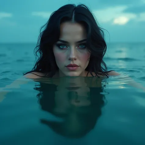 Sexy woman in the sea with only her eyes on the water surface, cinematic, FIRST WORK, Sexy makeup