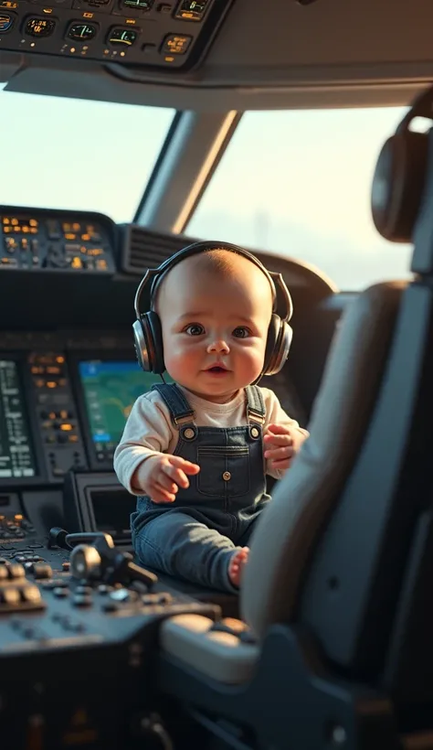 A realistic close-up of a cute baby in the pilots armchair in the cockpit of a Boeing with headphones 