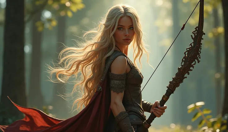 Detailed alluring blonde haired warrior, highly detailed arms and muscles, 1girl, hyper-realistic, 8k, realistic, highly detailed, cinematic lighting, realistic skin texture, alluring blue eyes, flowing hair, holding a huge crossbow with delicate details, ...