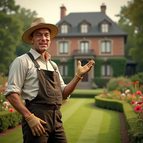 A middle-aged man, William Harper, a friendly and approachable gardener, standing in the lush garden of a 1920s mansion, looking directly at the viewer as if speaking to them. He has a warm, welcoming smile and is dressed in a classic gardener’s outfit wit...