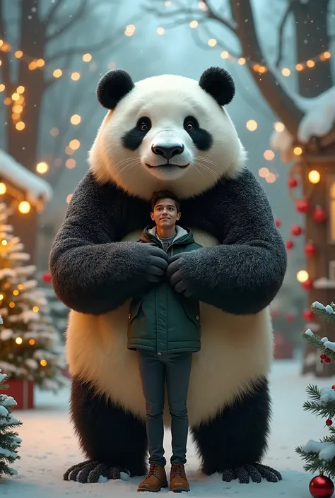 A person holding a panda the size of that person. In the background, We have a Christmas scenario 