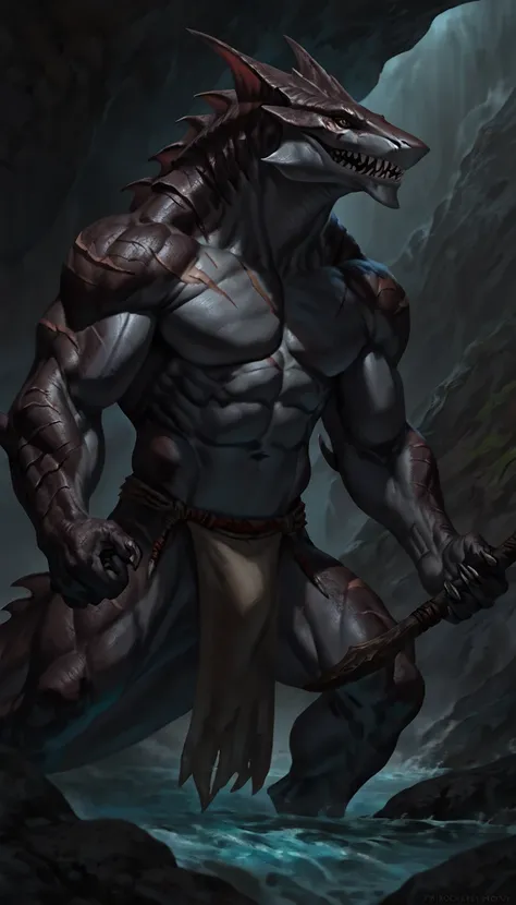 sharkfolk, anthro shark, solo, portrait, scaly, detailed skin, experienced predator, monstrous, shark snout, sharp fins, dark detailed body, matte body, toned, muscular anthro, big muscles, masculine, scars on body, 1male solo, anthro, muscular, thick neck...