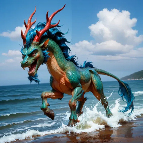 Four-legged monster with kirin body, all green body covered with ocean blue fish scales, the feet are a horses hoof, the head is a deer-horned dragon, it has a dark ocean blue beard, ocean blue mane, the tail is a red fish-tail, birthmark. High Resolution,...