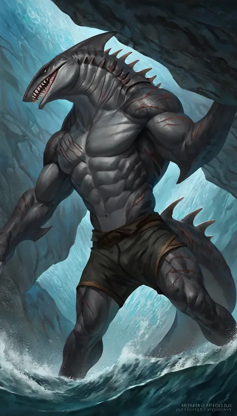 sharkfolk, anthro shark, solo, portrait, scaly, detailed skin, experienced predator, monster, grin, gray body, black arms and back, matte body, toned, muscular anthro, big muscles, scars on body, 1male solo, anthro, muscular, thick neck, thick tail, strong...