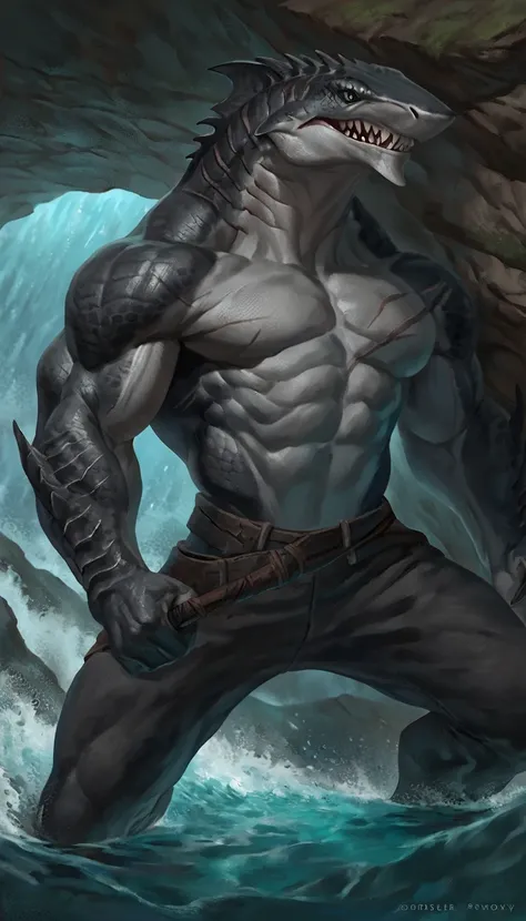 sharkfolk, anthro shark, solo, portrait, scaly, detailed skin, experienced predator, monster, grin, gray body, black arms and back, matte body, toned, muscular anthro, big muscles, scars on body, 1male solo, anthro, muscular, thick neck, thick tail, strong...