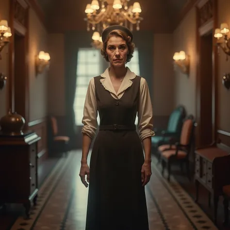 A middle-aged woman, Abigail Crow, dressed in a 1920s senior housekeepers uniform, standing in the grand hallway of a 1920s mansion. She looks directly at the viewer with a composed and dignified expression. Her uniform includes a neatly fitted dress, apro...