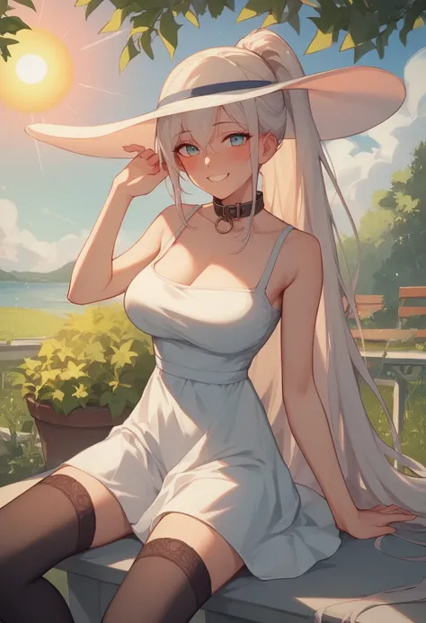 Bedroom, Big breasts、blushing face, happy smile, Long white ponytail hair、(full shot)、(stockings, sun dress:1.2)、collar,
{Highest quality}, {so beautiful}, {Very detailed}, {Best illustrations}, slim:1.5, having fun in a park