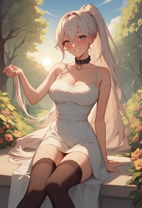 Bedroom, Big breasts、blushing face, happy smile, Long white ponytail hair、(full shot)、(stockings, sun dress:1.2)、collar,
{Highest quality}, {so beautiful}, {Very detailed}, {Best illustrations}, slim:1.5, having fun in a park