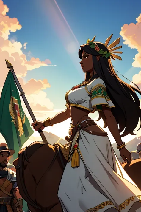 A dark-skinned woman personified as the Mexican homeland with a laurel wreath on her head illuminated with sun rays holding the Mexican flag seen in profile pointing to the sky and below the woman many peasants walking towards battle.