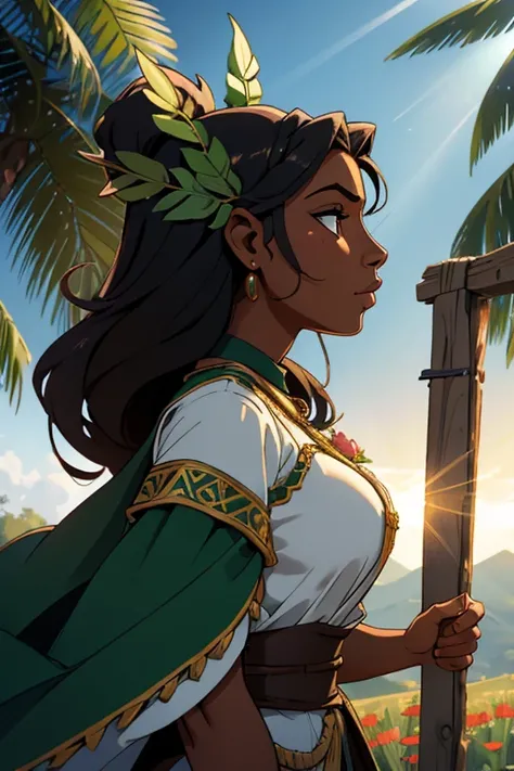 A dark-skinned woman personified as the Mexican homeland with a laurel wreath on her head illuminated with sun rays holding the Mexican flag seen in profile pointing to the sky and below the woman many peasants walking towards battle.