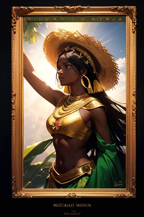 A dark-skinned woman personified as the Mexican homeland with a laurel wreath on her head illuminated with sun rays holding the Mexican flag seen in profile pointing to the sky and below the woman many peasants walking towards battle.