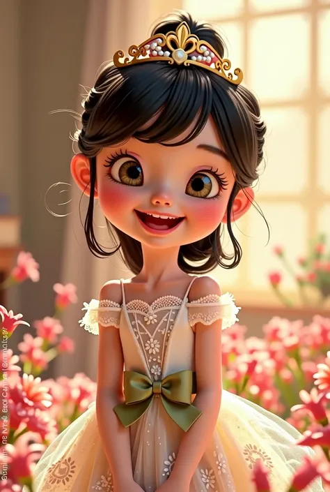 create an image of a Pixar character. of a princess of an  girl. white skin with black hair and brown bangs. with a cheerful smile. wearing a light white lace dress with an olive green bow at the waist. bridesmaid wedding.
