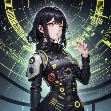 cover selected part onlyfrom future intelligence, technology background, complex mystery, unexpected variables, sudden result, strange things, transient waves, light fog, colorful signals, confident look, space black pioneer dress, yellow eyes, black hair