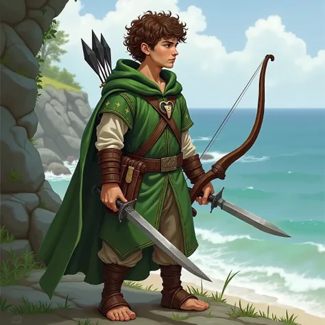 D&D character race uman, short 100cm as a hobbit, class Ranger, 32 years old, male, short curly brown hair, with no shows and feet as big as the ones of a hobbit with short hairs on them. emerald eyes. with a cross bow and arrows, and a short sword. Around...