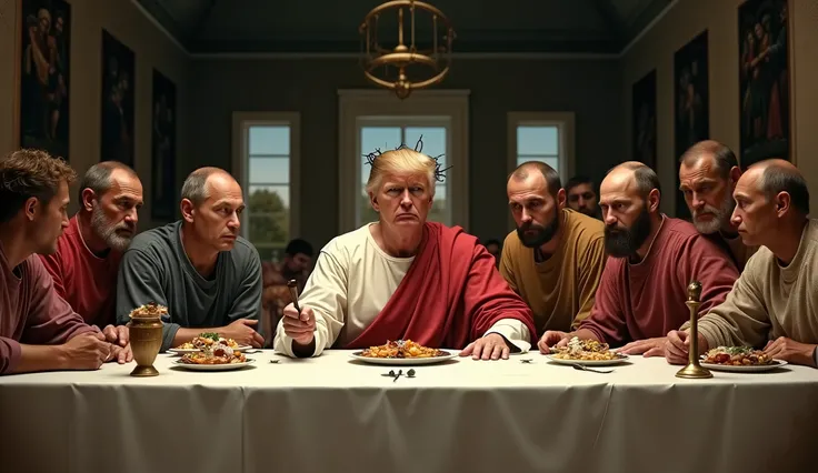 Donald Trump dressed as Jesus Christ at Holy Supper, I have Vladimir Putin at his side besides the apostles