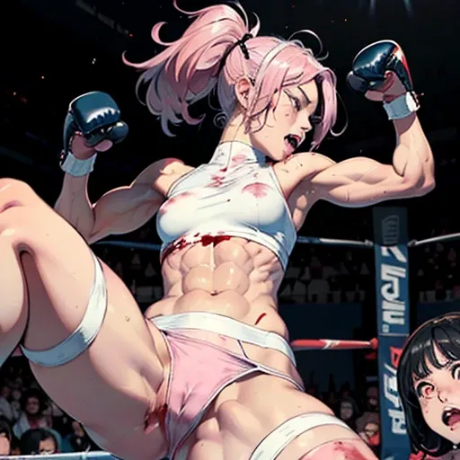 (((two girl fighters))) are fighting. a (bloody) cute Japanese high school girl fighter was knocked down. The opponent punches her as she is down in the octagon fighting ring of underground arena with audience. She is lying down. (((her opponent is riding ...