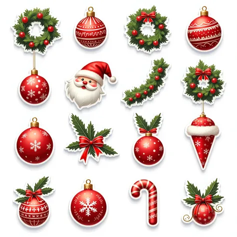  9 beautifully decorated highest quality Christmas stickers ，4K，8k， high resolution，tmasterpiece：1.2）， super detailed，Different colors illustration style stunning design ， Detailed and realistic professional art tmasterpiece sticker pack，Stunning design se...