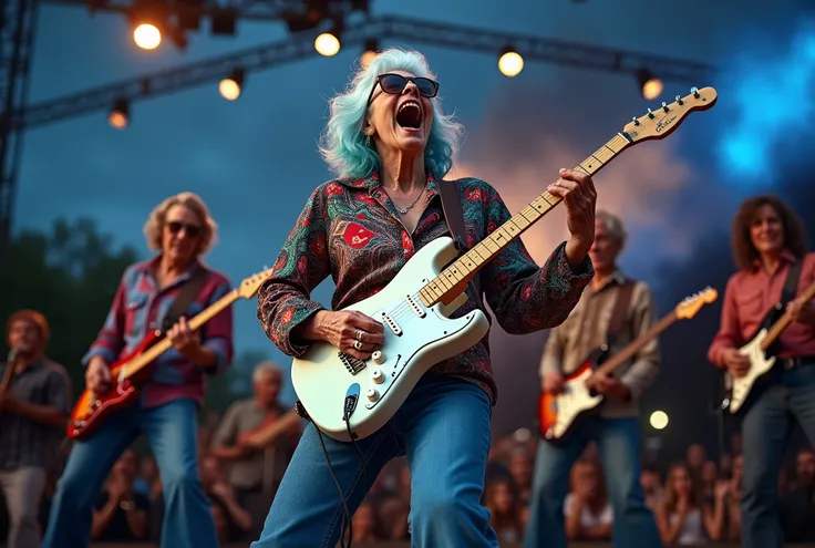  Ultra High Definition, 8K quality,　 elderly woman screaming while playing guitar in a hard rock band、７５age、Wearing sunglasses、Outdoor Concert、７０Era fashion 、Light blue hair band 、bell bottom jeans 、 colorful shirt、
 cinematic lights, Evening scenery,
High...