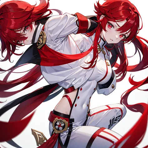 White background, Red hair, long hair, 15-year-old girl, Genshin Impact, Whole body shot,  facing the front , White clothes
