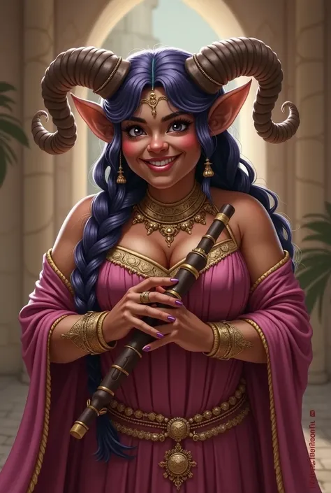 Dungeon and dragons character, satyr, female, small normal breasts, braided hair, flowy princess clothes, jewellery, dark purple hair, normal ugly face, half body picture, chubby, big body, laughing, holding a flute, Arabic vibe, dark eyes, dark skin, smal...