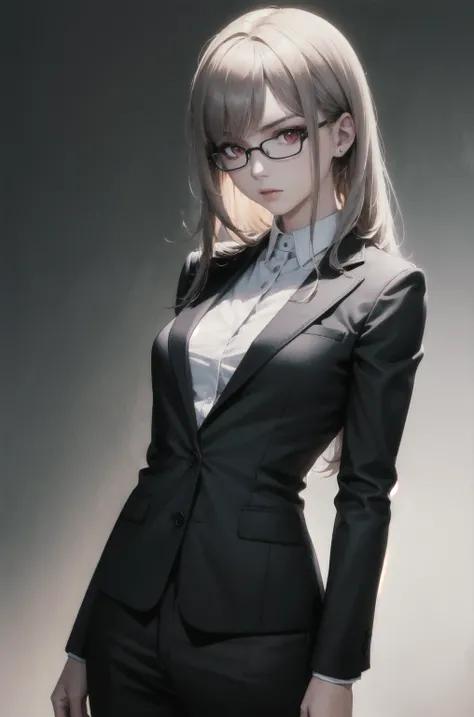 Masterpiece  ,  top quality,  realistic , Hyper-detailed,  watch viewers, slender,  1 girl, Alone, spy、Glasses、  black suit,  white shirt, White long hair, red eyes, (thick thighs:0.5), Dynamic Lighting,  high definition ,  sharp concentration,  ultra deta...