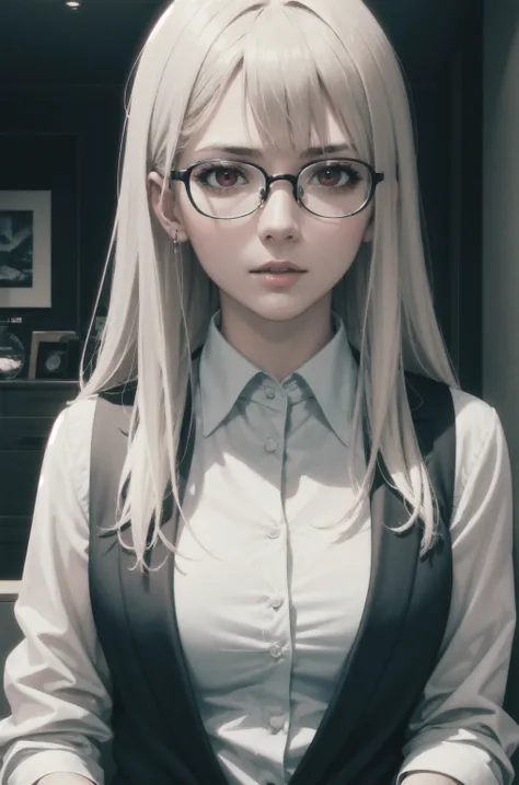 Masterpiece  ,  top quality,  realistic , Hyper-detailed,  watch viewers, slender,  1 girl, Alone, spy、Glasses、  black suit,  white shirt, White long hair, red eyes, (thick thighs:0.5), Dynamic Lighting,  high definition ,  sharp concentration,  ultra deta...