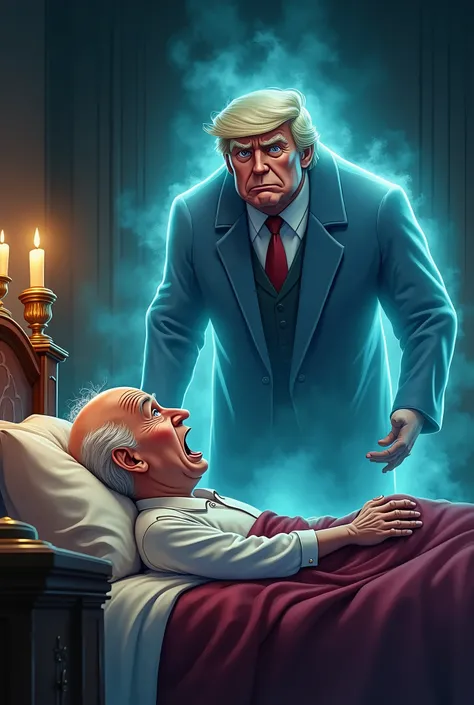 (In cinematic 3D cartoon style) Joe Biden as Scrooge in bed. terrified as Trump as the ghost of Christmas present visits him.