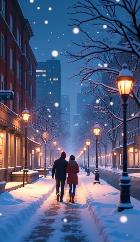  An ultra-high definition animated picture ，The picture shows a snow-covered city at night ，Granville Avenue is flanked by city buildings and snow-white trees at night， Street is newly covered with snow ，It hasnt rolled through a rut yet ，In an inconspicuo...