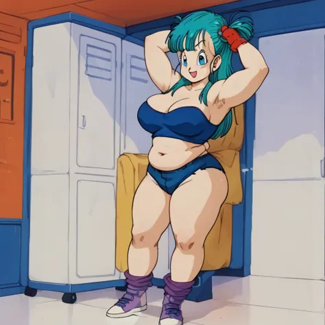 , Bulma ( dragon ball),  long hair, Aqua Hair, Blue eyes, desnuda,    inner room   ,  Curvaceous young woman  ,   big breasts and big butt  ,   poses with arms raised at the sides, making a fist  ,   showing her armpits,  plump ,  Curvy body , full body, c...