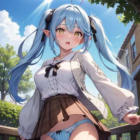 (( top quality)), ((masterpiece)), (  Details), ( super high resolution)、ddlamy 、
 twin tails、 striped hair、Ahoge、 hair ribbon、 black ribbon、 jewelry、Check pattern、Frills、 brown dress 、 white cardigan、Open-chested clothing、 Long Sleeve 、Sleeves to wrist、
 ...