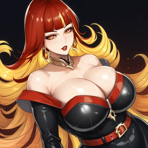 , huge breasts,score_9, score_8_up, score_7_up, score_6_up, source_anime,monochrome,dijor, sketched,Milf, Mommy, solo female, Curvaceous Physique, shiny skin, multicolored hair, red hair, yellow hair, blunt bangs, large breasts, red lipstick, black dress, ...