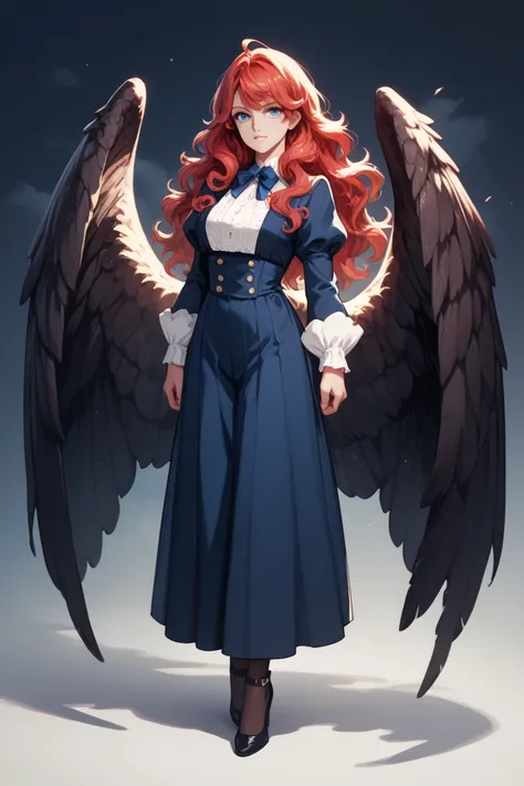 fae with long wavy red hair and blue eyes, intense straight on stare, mischievous look, dark wings, , moonlight, fully clothed, thick build, full body profile 
