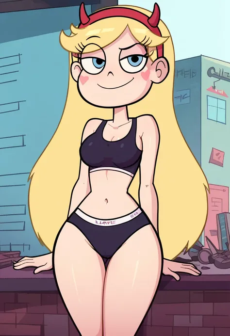 starbutterfly, blonde hair, 1girl, facial mark, solo, long hair, horned headwear, blue eyes, very long hair, score_9, score_8_up, score_7_up, score_6_up, score_5_up, score_4_up, looking at viewer, smirk, ckundies, girl, solo, underwear, panties, sports bra...