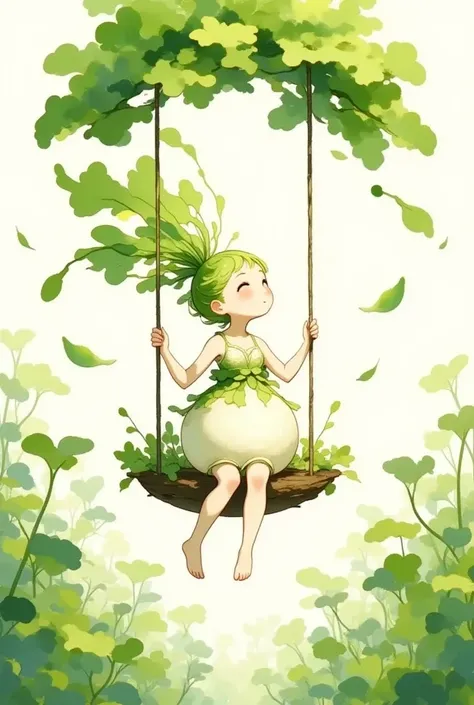 Logo art including a daikon Lady on a Swing made of green daikon leaves, colorful, simplified, minimalism